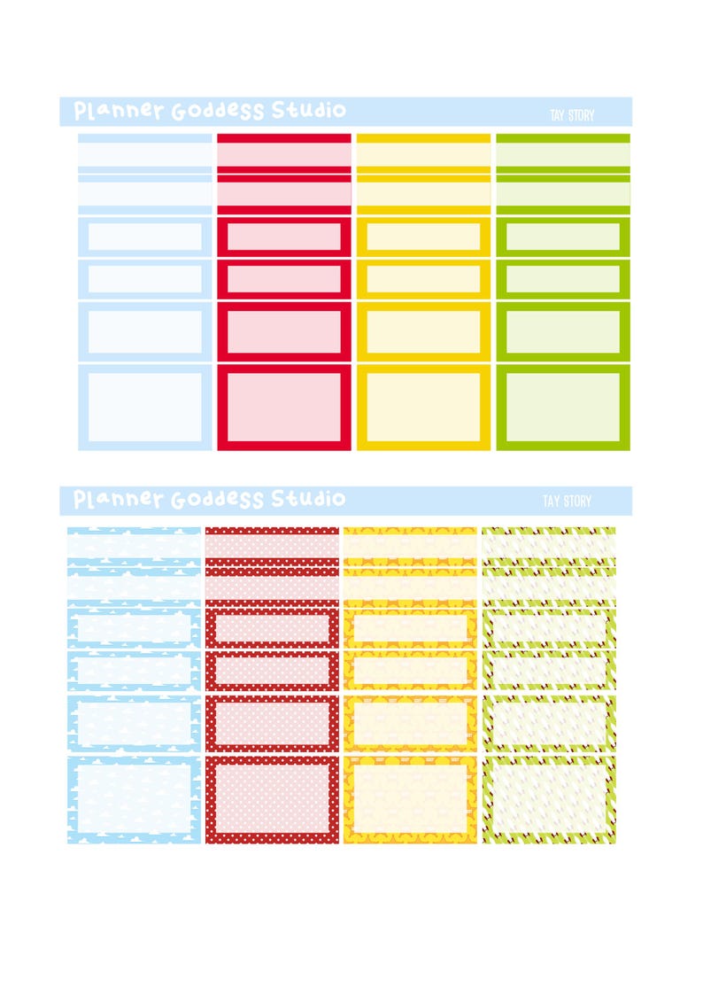 Puede incluir: Un conjunto de hojas de pegatinas etiquetado como Planner Goddess Studio y Tay Story, con dos filas de etiquetas rectangulares en azul, rojo, amarillo y verde. La fila superior contiene bloques de colores s&oacute;lidos y la inferior dise&ntilde;os estampados.