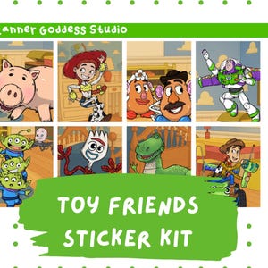 May include: A sticker kit featuring illustrations of characters from the Toy Story franchise. The kit includes images of Hamm, Jessie, Mr. Potato Head, Buzz Lightyear, the Aliens, Forky, Rex, and Woody. The text "TOY FRIENDS STICKER KIT" is displayed.