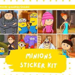 Puede incluir: Un kit de pegatinas con personajes de la franquicia cinematográfica Minions. La imagen incluye ilustraciones de Gru, Minions y otros personajes. El texto "MINIONS STICKER KIT" se muestra sobre un fondo amarillo.
