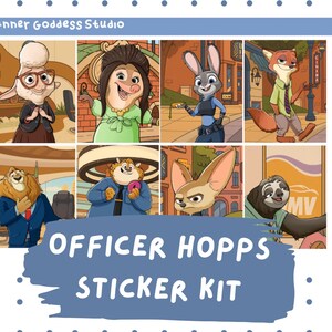 May include: A sticker kit featuring characters from the movie Zootopia. The kit includes images of Officer Hopps and other characters. The text "Officer Hopps Sticker Kit" is displayed on a blue background. The top of the image has the text "Planner Goddess Studio".
