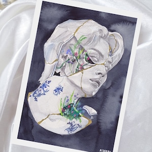 May include: A watercolor painting of a broken plaster bust with flowers growing from the cracks. The bust is a portrait of a person with their eyes closed. The background is a dark blue color.