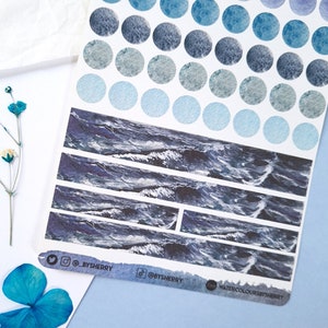 Planificador Estético Washi Tiras y Puntos Hoja de pegatinas / Acuarela, Olas del océano, Mar, Pegatinas de diario de balas, pegatinas de Bujo, scrapbooking