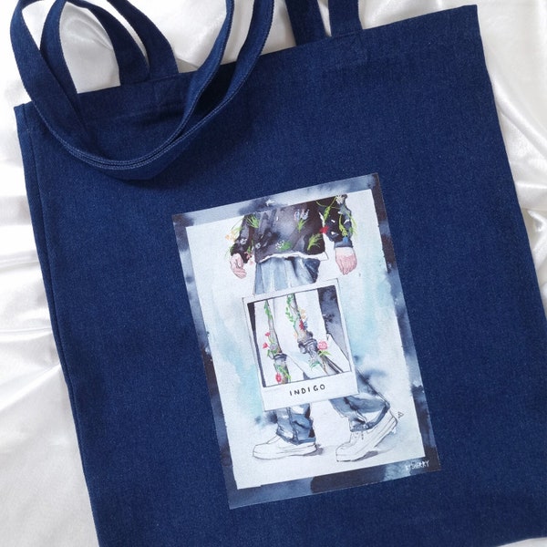 Bangtan RM INDIGO Denim Aesthetic Tote Bag, Coton, Aquarelle, Subtil Merch, K-Pop, Cadeau, Kpop, Namjoon, ARMY