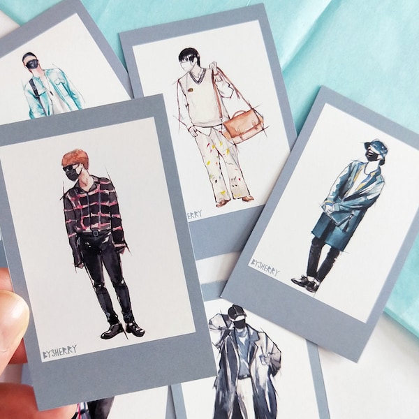 Lot de 7 cartes photo aquarelle BTS Airport Fashion Fanart, carte photo, cadeau, esthétique