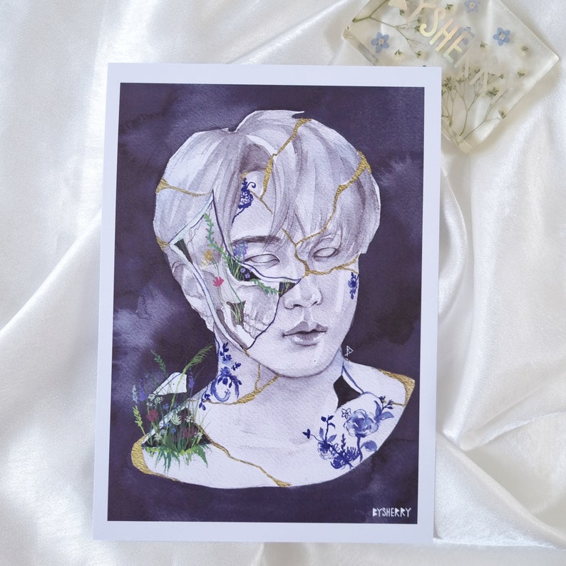 May include: A watercolor painting of a person's face with cracks and gold accents. Flowers and plants grow from the cracks. The background is a dark purple.