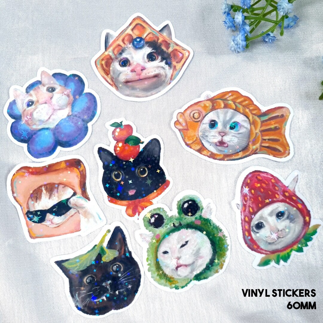 Cats in Hats Vinyl Holographic Waterproof Stickers, Glossy, Cute, Bread ...