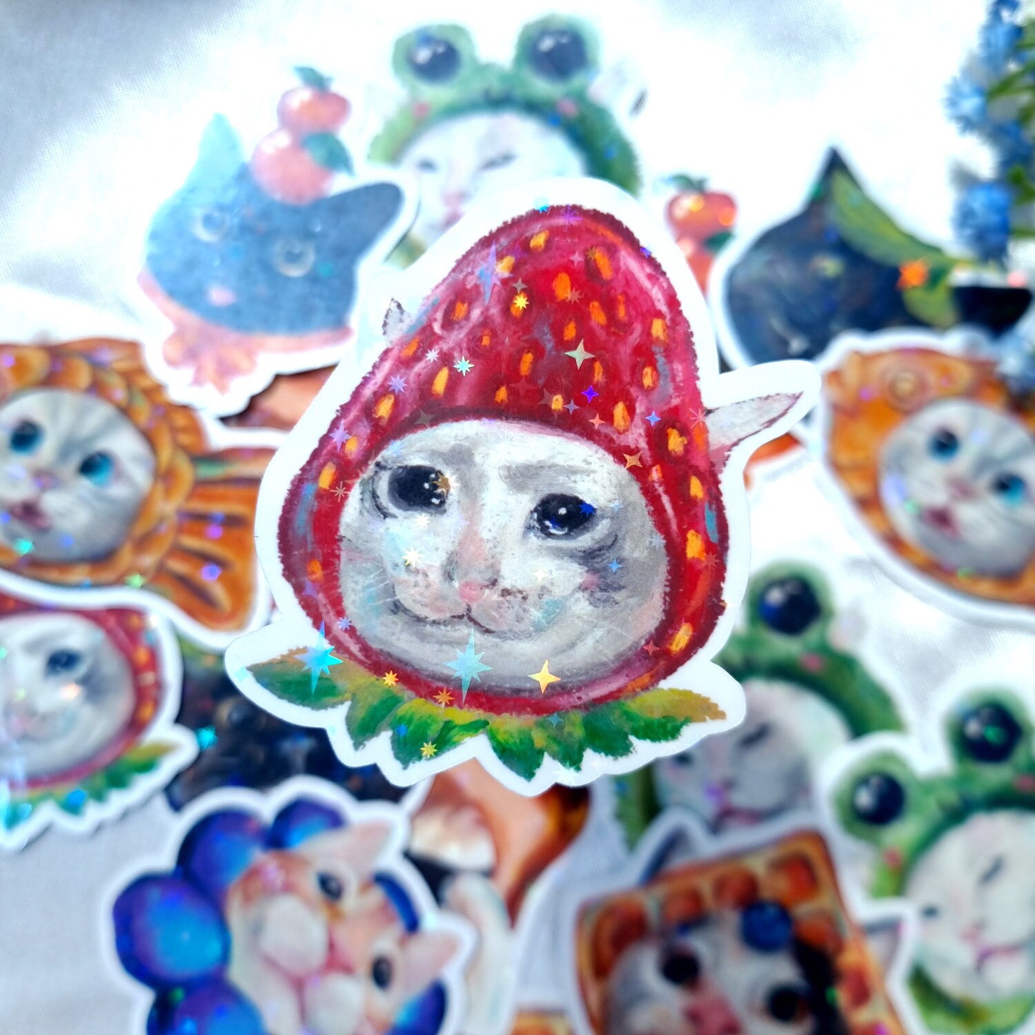 Cats in Hats Vinyl Holographic Waterproof Stickers, Glossy, Cute, Bread ...