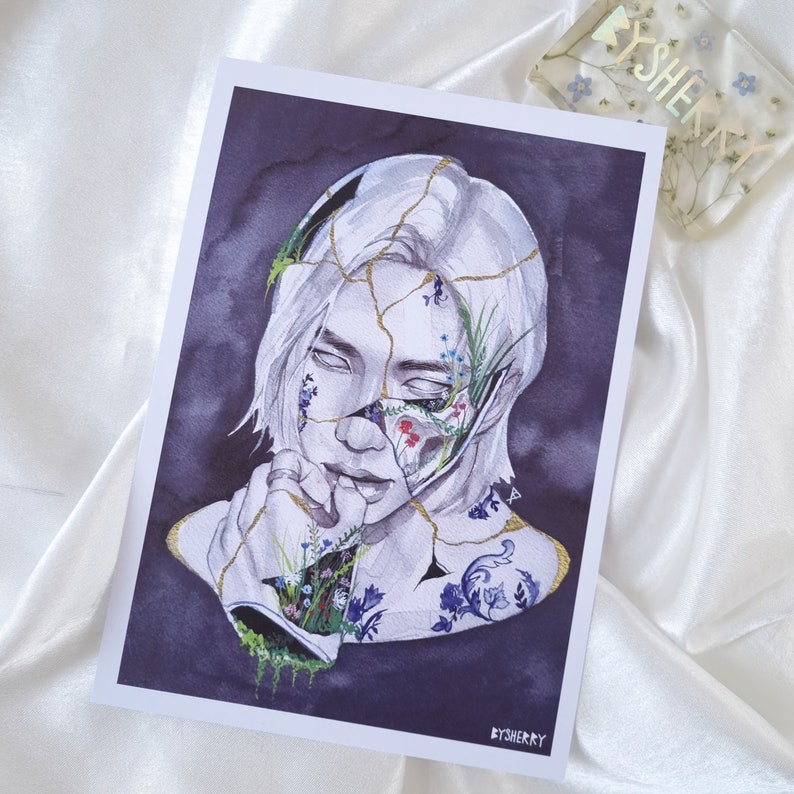 May include: A watercolor painting of a person with a cracked face, with flowers and greenery growing from the cracks. The background is a dark purple.