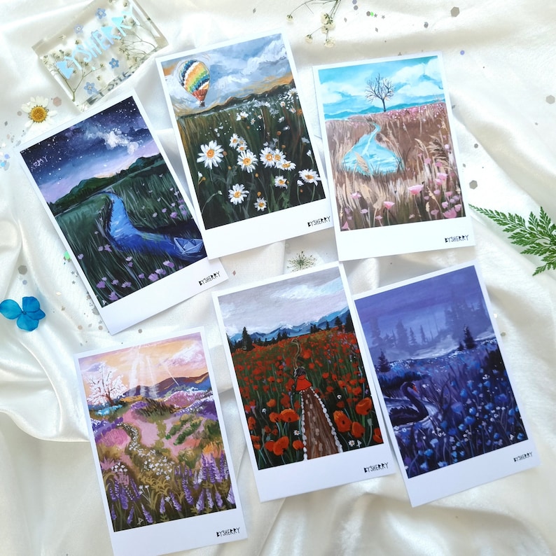 BTS Scenery Postcard Set, Fanart, photocard, Gift, Aesthetic, Gouache, Art, Black Swan, Stay Gold, Mikrokosmos, Spring Day 