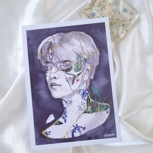 May include: A watercolor painting of a person's face with cracks and gold lines.  Flowers and greenery grow from the cracks. The background is a dark purple. The artist's signature, "BySherry", is in the bottom right corner.