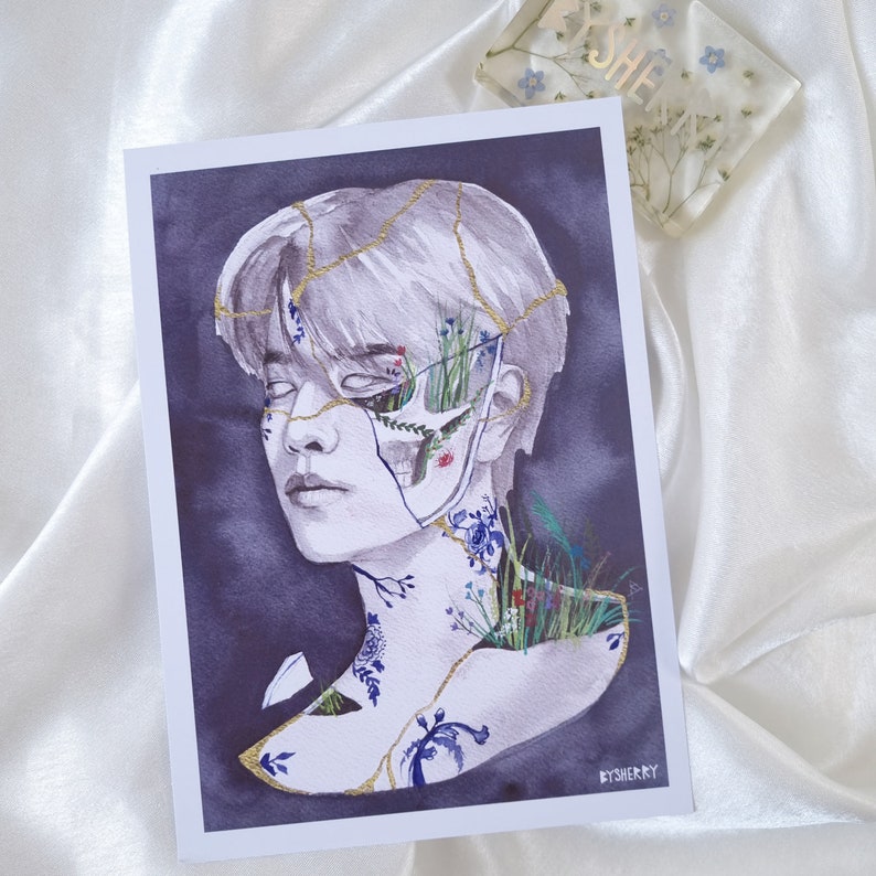 May include: A watercolor painting of a person's face with cracks and gold lines.  Flowers and greenery grow from the cracks. The background is a dark purple. The artist's signature, "BySherry", is in the bottom right corner.