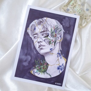May include: A watercolor painting of a person's face with cracks and flowers growing out of the cracks. The background is a dark purple color. The painting is signed "BySherry".