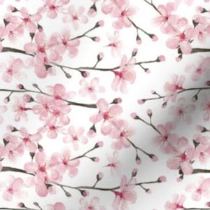 Cherry Blossom Watercolor - Cotton Sateen Fabric By The Yard, Half Yard, FQ, Swatch - 54" Width - Classic Floral, Pink, Buds