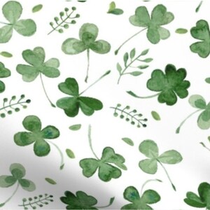 Watercolor Shamrocks - Cotton Sateen Fabric By The Yard, Half Yard, FQ, Swatch - 54" Width - Lucky Shamrock & Clover, Irish, Green