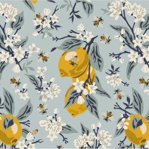 Bees & Lemons - Cotton Sateen Fabric By The Yard, Half Yard, FQ, Swatch - 54" or Width - Floral, Honeybees, Blossoms