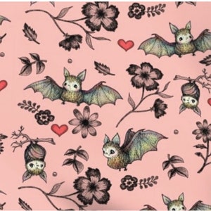Bats and Hearts - Cotton Sateen Fabric By The Yard, Half Yard, FQ, Swatch - 54" Width - Adorable, Whimsical, Cute, Floral, Love