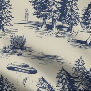 Alien Abduction Toile De Jouy Pattern in Blue - Cotton Sateen Fabric By The Yard, Half Yard, FQ, Swatch - 54" Width - UFO, Nature