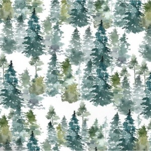 Woodland Trees - Cotton Sateen Fabric By The Yard, Half Yard, FQ, Swatch - 54" Width - Watercolor Evergreen Forest, Nature, Green