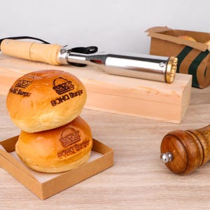 Custom Hamburger Buns Branding Iron Stamp with Wood handle, Personalized Business Logo Custom Electric Heater Branding Iron Stamp for Food