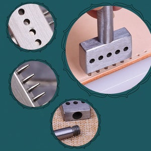 May include: Close-up of a leather punch tool with multiple holes. The tool is made of metal and has a handle. The tool is being used to punch holes in a piece of leather.