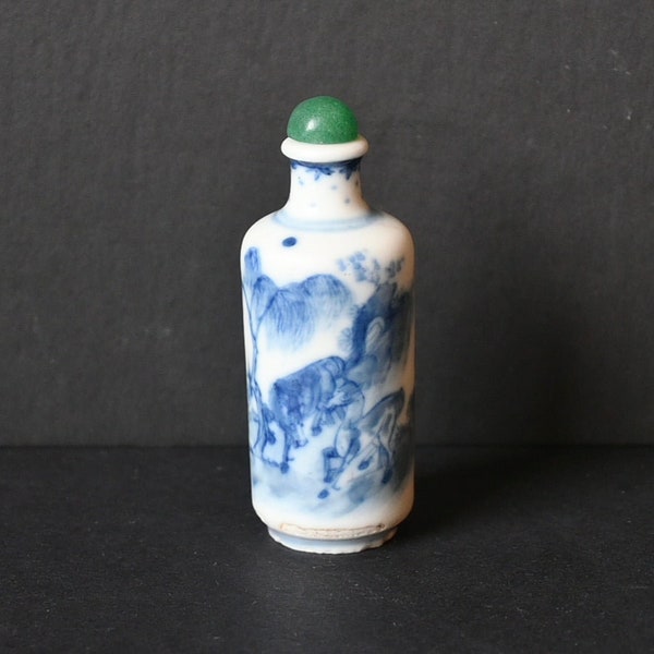 An Early 20th Century Qing Blue & White Horses Snuff Bottle