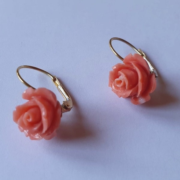 A Pair of Italian, 18 Carat Gold Pink Coral Rose Drop Earrings