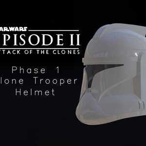 Puede incluir: Un casco blanco de plástico de soldado clon de la fase 1 de Star Wars Episodio II: El Ataque de los Clones. El casco tiene una visera y una cresta en la parte superior.