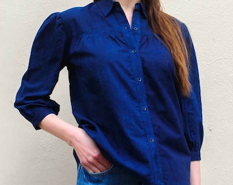 Blusa feminina azul de algodão orgânico top índigo tingido natural