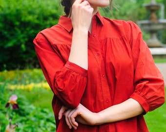 Blusa vermelha feminina de algodão orgânico top vermelho feminino tingido natural