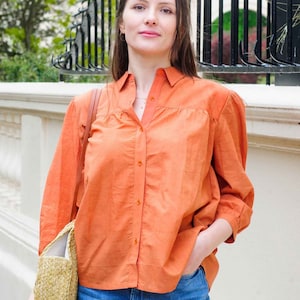 Organic Coral Cotton Blouse Women&#39;s Natural Dyed Orange top