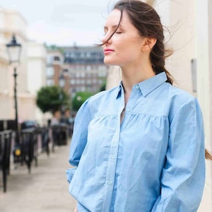 Organic cotton light blue blouse women&#39;s natural dyed indigo top