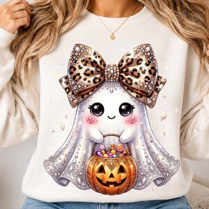 Fantasma con strass PNG / Design per sublimazione di un fantasma di Halloween / Maglietta di Halloween PNG / Fantasma con fiocco leopardato / Download digitale