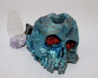 Skull Candle Holder Real Red Jasper Resin Art - OOAK