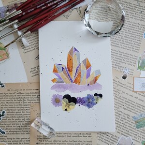 Crystal Caves Original Watercolor Painting with Pressed Flowers