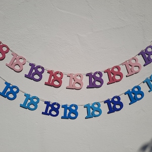 Könnte beinhalten: Zwei Girlanden mit der Zahl "18". Die obere Girlande hat rosa, lila und rote Zahlen. Die untere Girlande hat blaue Zahlen. Ideal für eine Geburtstagsfeier zum 18.