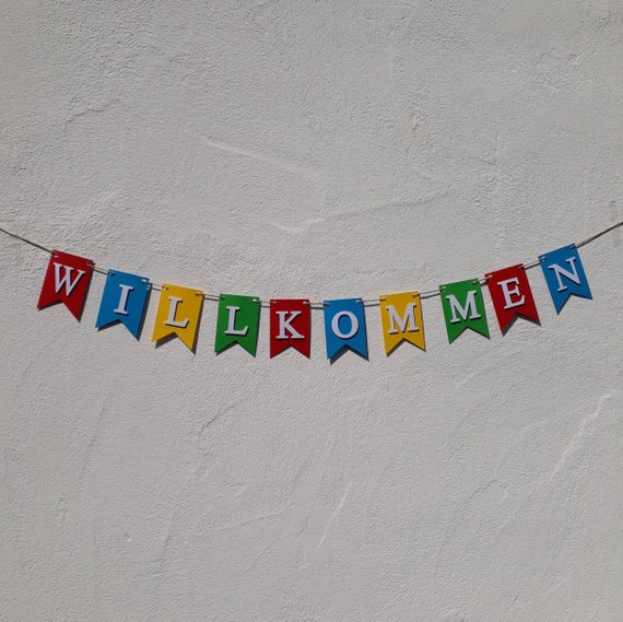 Wunderschöne Willkommen Girlande in bunten Farben auf Wunsch personalisierbar! Hochwertige Dekoration aus Karton in kräftigen Farben Welcome