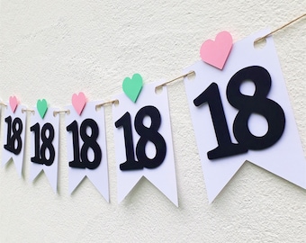 Girlande zum 18. Geburtstag Wimpel Dekoration Mintgrün Rosa Herzen Wimpelkette Banner Happy Birthday