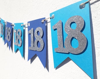 Girlande zum 18. Geburtstag in blau und silber, Wimpelkette, Banner, Dekoration, Papier-Deko, Partydekoration