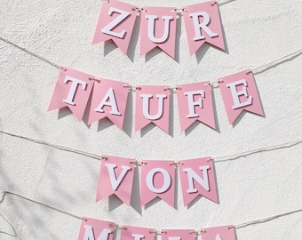 Personalisierte Girlande zur Taufe, rosa und weiß, pastell rosa, Wimpelkette Taufe mit Wunschnamen