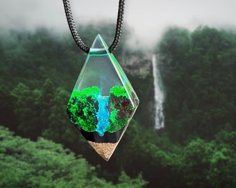 Waterfall Forest Mountain Resin Necklace, Handmade Wood Jewelry, Hiking Gift