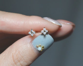 Flower cz stud earrings /  Tiny cz earrings/ Small Helix Stud / Screw Back earrings/  Dainty stud earrings / Conch Cartilage Helix Tragus