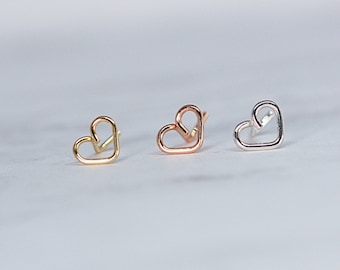 Heart Gold Nose Ring Stud-Screws Rings-Nose Piercing L Shape- Nose Stud- Sterling Silver or Rose Gold Nose Ring Stud -Nose Jewelry