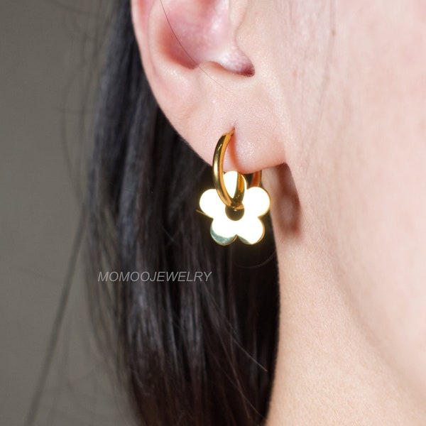 Daisy Flower Earrings- 18K Gold Plated Earrings -Flower Hoop Earrings- Flower Drop Earrings- Minimalist Dainty Hoop Earrings- Titanium Gift