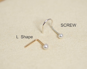 Gold Nose Screw- Pearl Nose Stud- L-Shape Nose Stud-Gold Nose Ring-925 Sterling Silver Nose Ring-20- 22 gauge Nose Stud