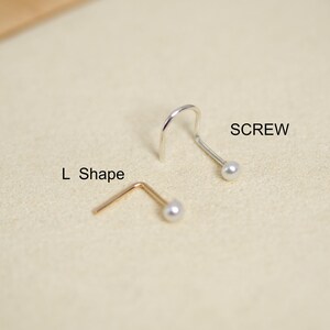 Gold Nose Screw- Pearl Nose Stud- L-Shape Nose Stud-Gold Nose Ring-925 Sterling Silver Nose Ring-20- 22 gauge Nose Stud