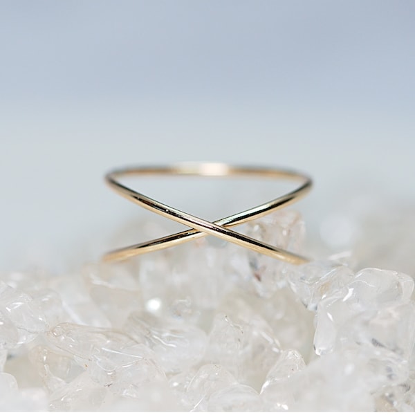 Double Ring -Cross Ring 14K Gold Filled Stacking Ring X Ring Gold -Thin Stacking Rings - 925 Sterling Silver Midi Ring- Twist Ring-