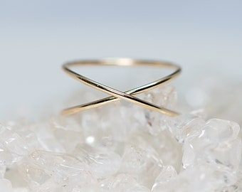 Double Ring -Cross Ring 14K Gold Filled Stacking Ring X Ring Gold -Thin Stacking Rings - 925 Sterling Silver Midi Ring- Twist Ring-