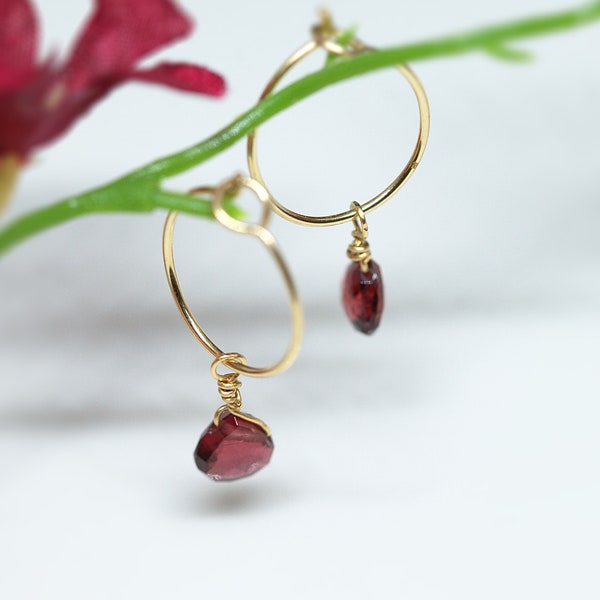 Raw Garnet Gemstone Earrings - Red Crystal Gemstone 14K Gold Filled or Sterling Silver- Tiny Amethyst Earrings -January Birthstone Jewelry