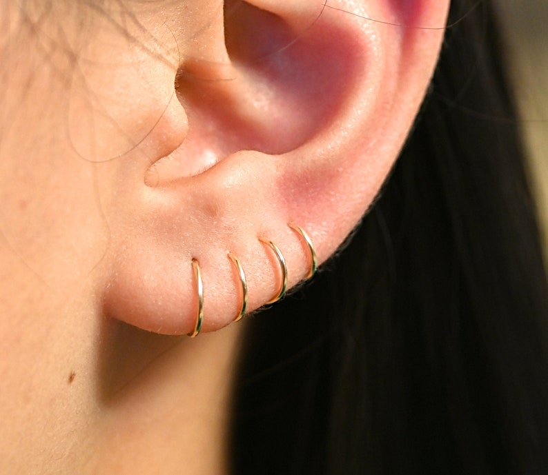 Small Gold Hoop Earrings / Tiny Gold Hoop Earrings / 14k Gold Filled Huggie Hoop Earring Set for Helix Nose Cartilage Piercing image 6