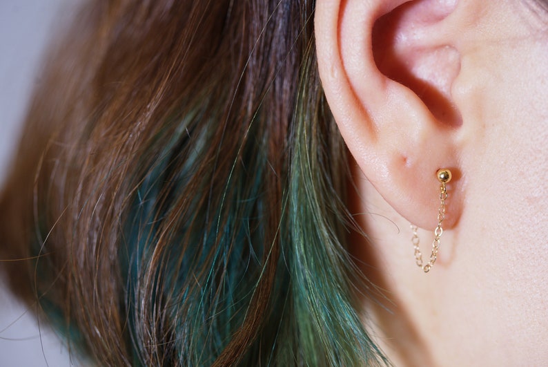 14K Gold Studs / Chain Loop Earrings / Dangle Earrings / 14K Etsy